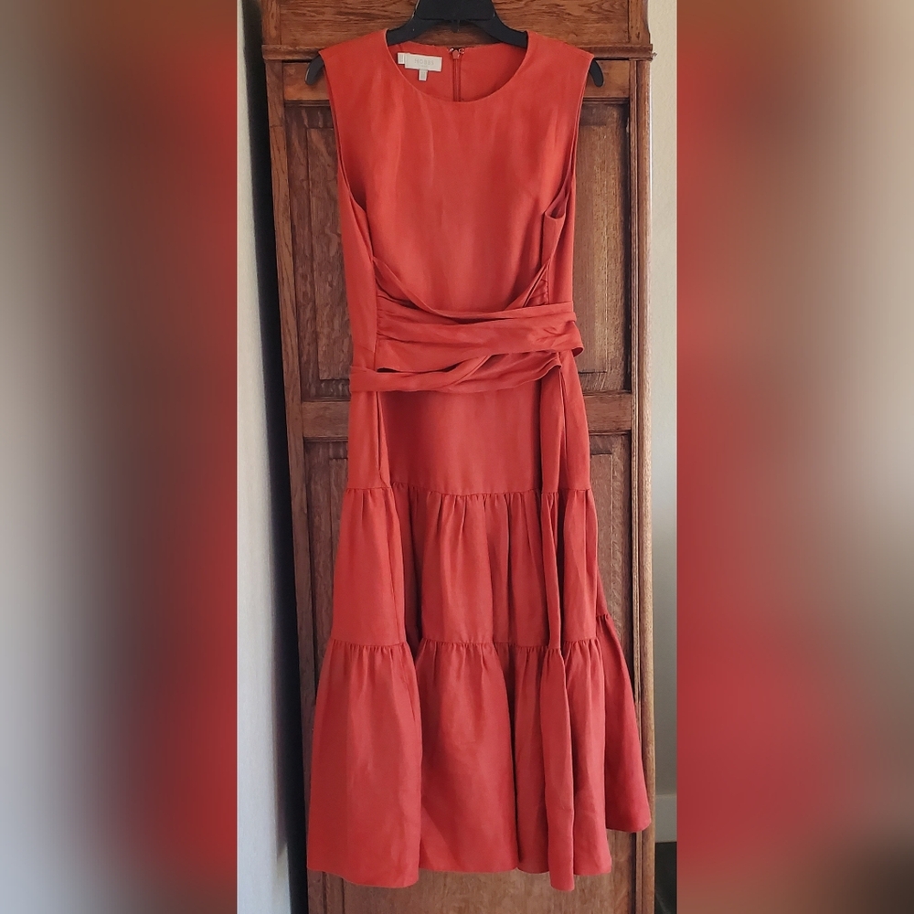 HOBBS LONDON Seville Tiered LINEN MIDI DRESS Cayenne Red UK 16/US 12
